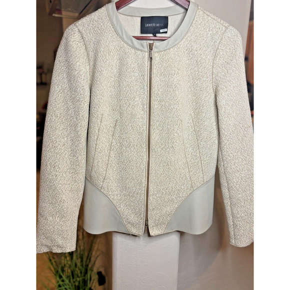 Lafayette 148 New York Women's Zip Blazer Cream Tweed Jacket Leather Trim Size 8 - Picture 2 of 7